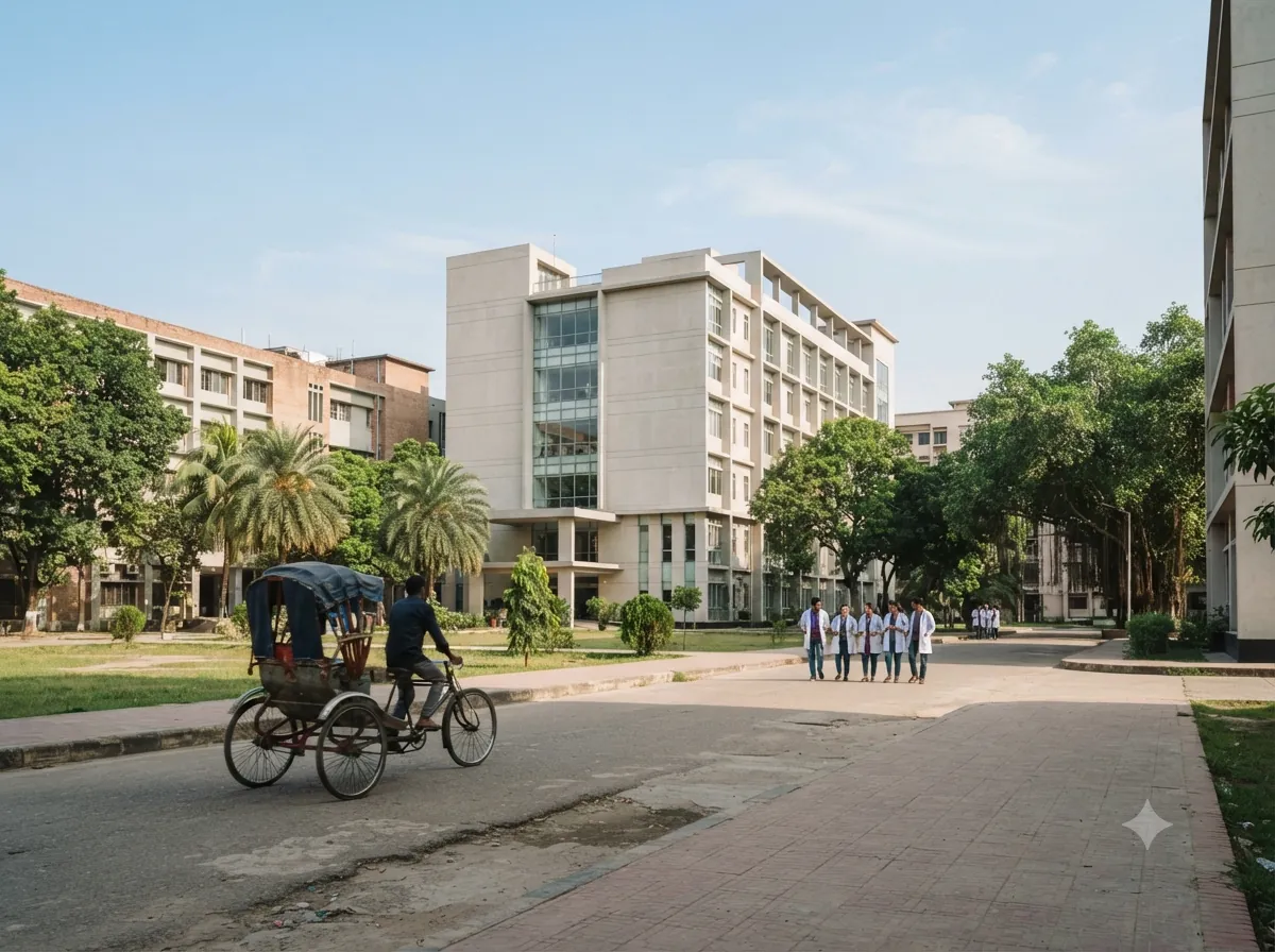 A medical college campus with a teaching hospital, students in white coats and a cycle rickshaw