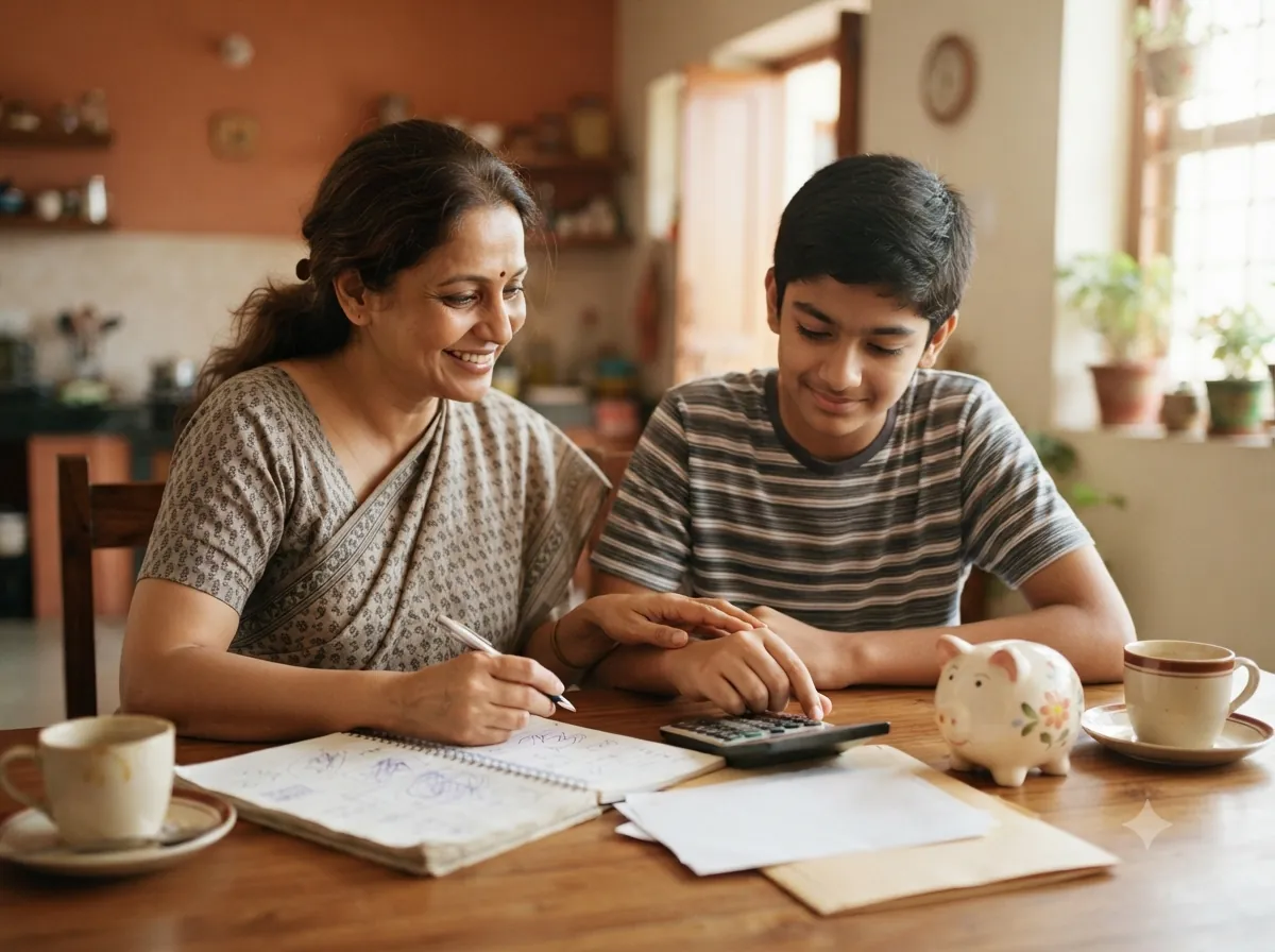 A mother and her son working out costs together with a notebook, a calculator and a piggy bank