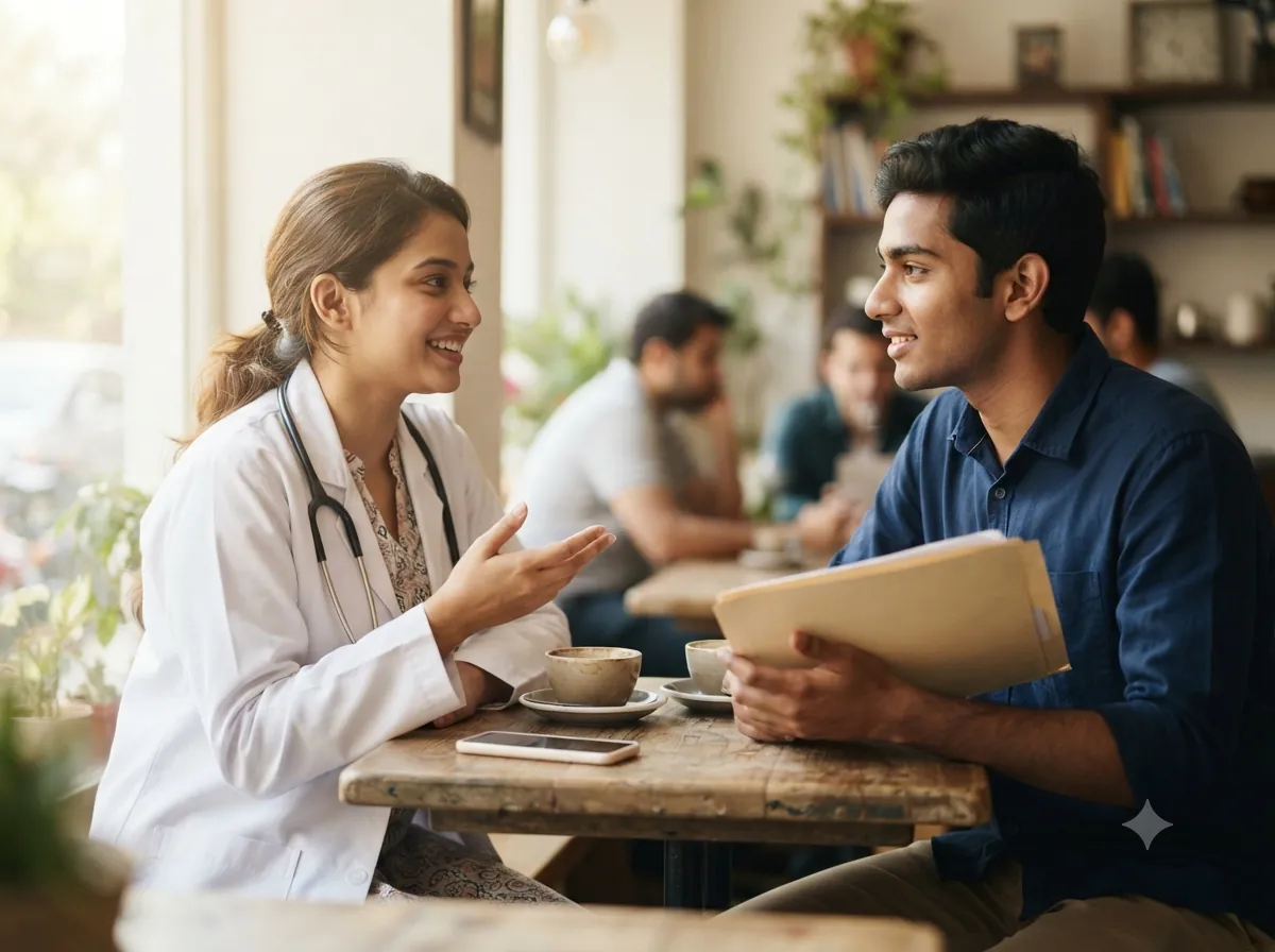 A medical student talking with a prospective student who is holding a folder of documents